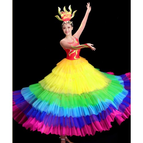 Flamenco Dance Rainbow dresses for women girls opening ballroom dance dress solo song accompaniment contemporary long colorful skirt